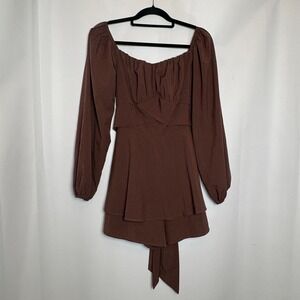 LYANER Women S Brown Square Neck Long Sleeve Ruffled Tiered Mini Jumpsuit Whimsy